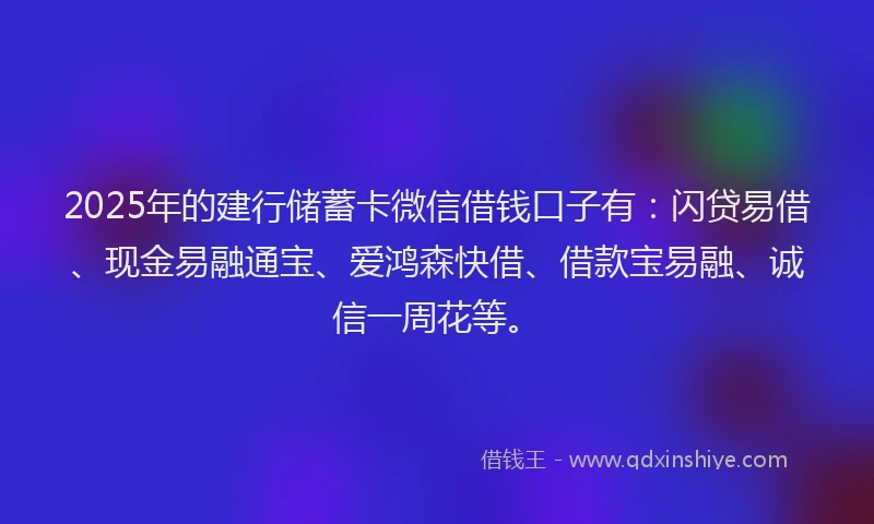 2025年的建行储蓄卡微信借钱口子有：闪贷易借、现金易融通宝、爱鸿森快借、借款宝易融、诚信一周花等。