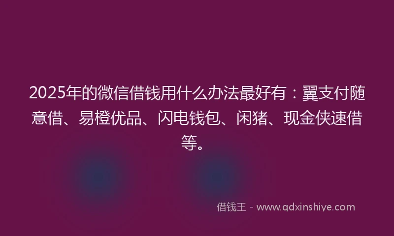 2025年的微信借钱用什么办法最好有：翼支付随意借、易橙优品、闪电钱包、闲猪、现金侠速借等。
