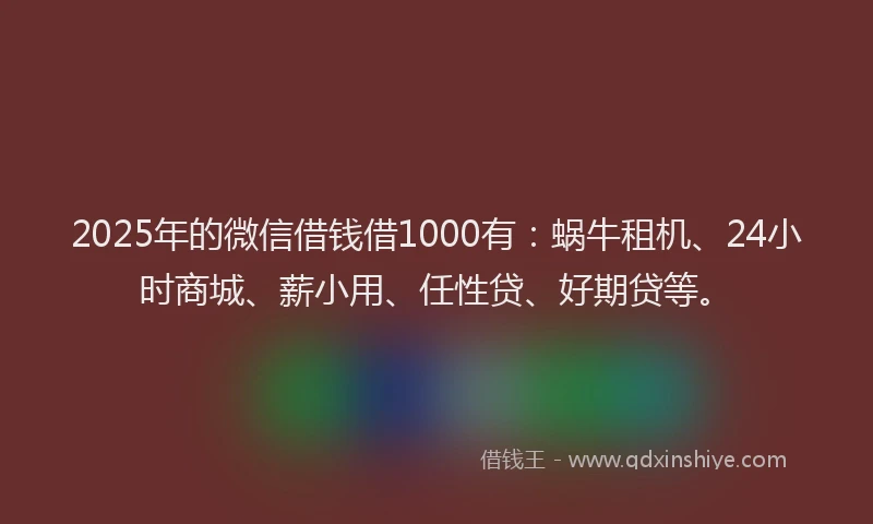 2025年的微信借钱借1000有：蜗牛租机、24小时商城、薪小用、任性贷、好期贷等。