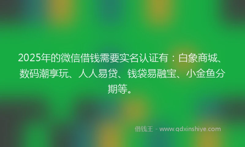 2025年的微信借钱需要实名认证有：白象商城、数码潮享玩、人人易贷、钱袋易融宝、小金鱼分期等。
