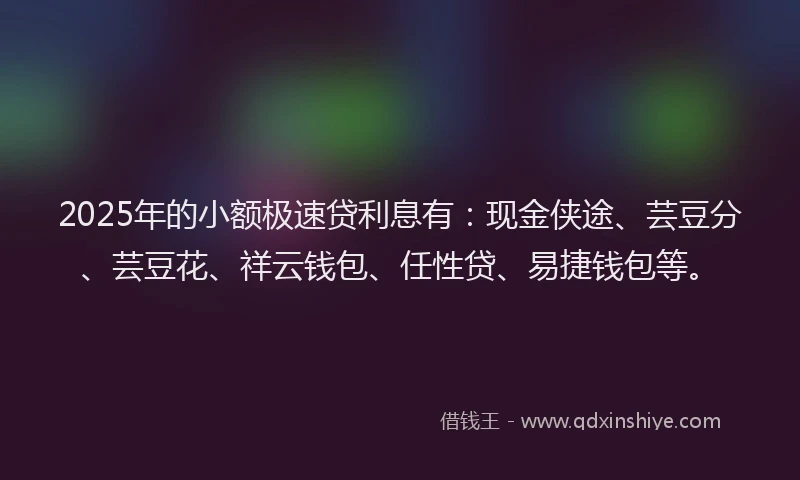 2025年的小额极速贷利息有：现金侠途、芸豆分、芸豆花、祥云钱包、任性贷、易捷钱包等。