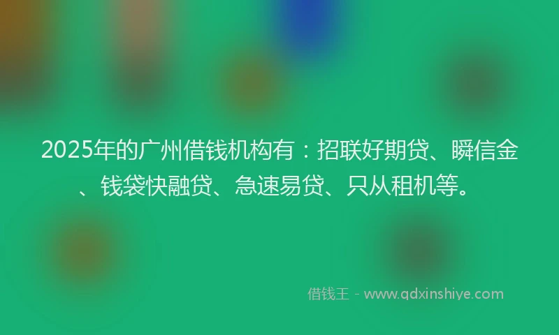 2025年的广州借钱机构有：招联好期贷、瞬信金、钱袋快融贷、急速易贷、只从租机等。