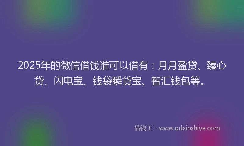 2025年的微信借钱谁可以借有：月月盈贷、臻心贷、闪电宝、钱袋瞬贷宝、智汇钱包等。