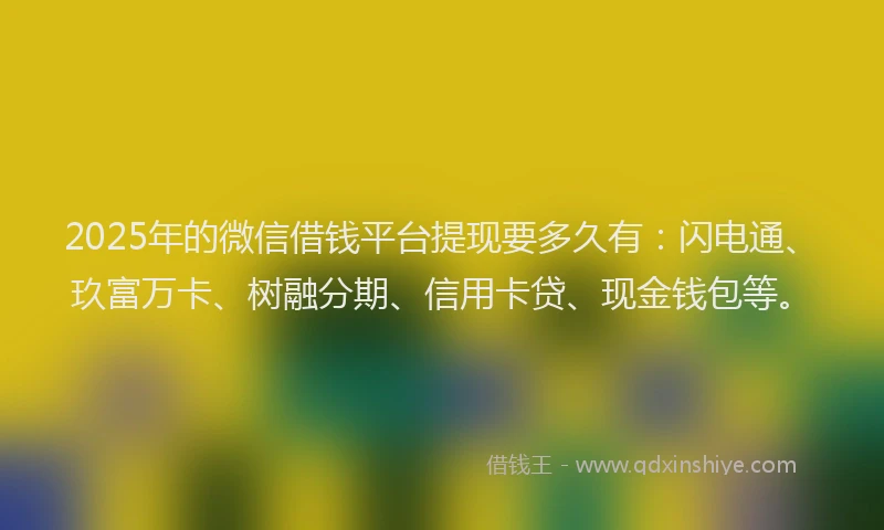 2025年的微信借钱平台提现要多久有：闪电通、玖富万卡、树融分期、信用卡贷、现金钱包等。