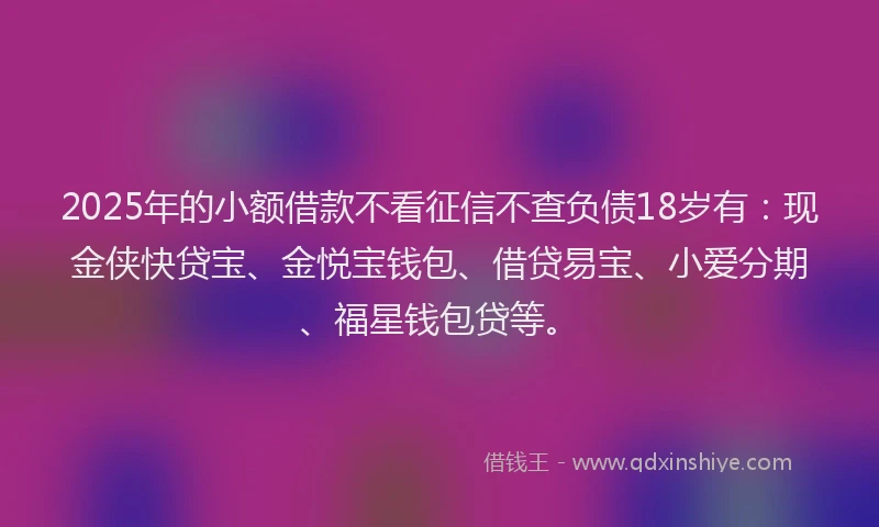 2025年的小额借款不看征信不查负债18岁有：现金侠快贷宝、金悦宝钱包、借贷易宝、小爱分期、福星钱包贷等。
