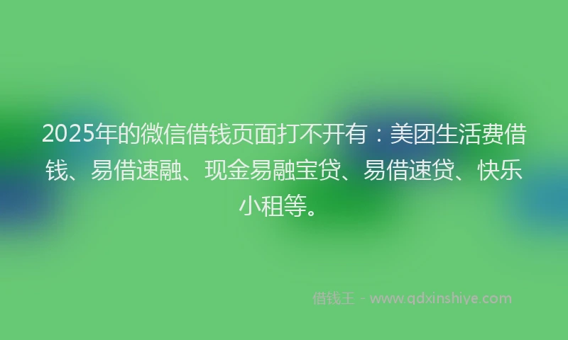 2025年的微信借钱页面打不开有：美团生活费借钱、易借速融、现金易融宝贷、易借速贷、快乐小租等。