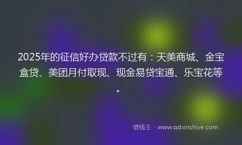 2025年的征信好办贷款不过有：天美商城、金宝盒贷、美团月付取现、现金易贷宝通、乐宝花等。