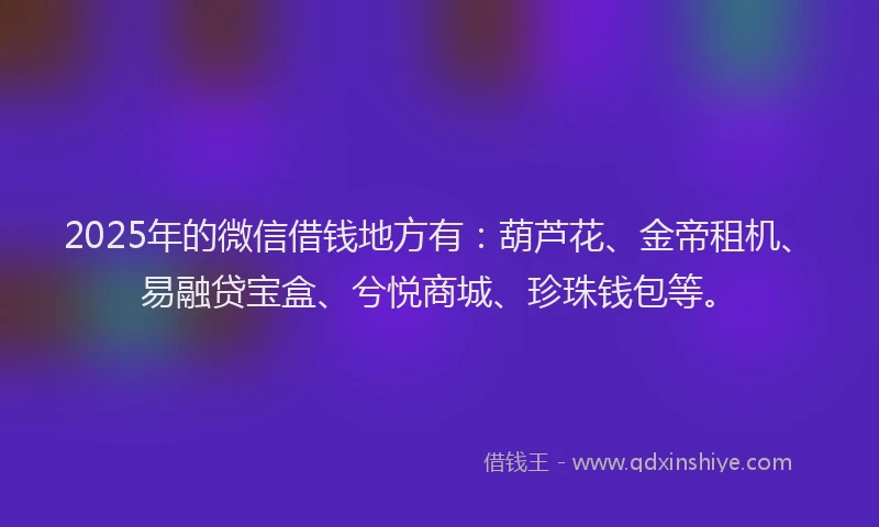 2025年的微信借钱地方有：葫芦花、金帝租机、易融贷宝盒、兮悦商城、珍珠钱包等。