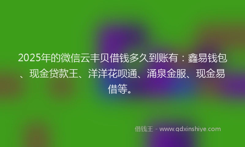 2025年的微信云丰贝借钱多久到账有：鑫易钱包、现金贷款王、洋洋花呗通、涌泉金服、现金易借等。