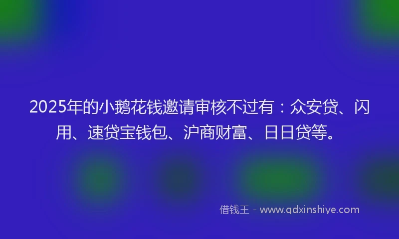 2025年的小鹅花钱邀请审核不过有：众安贷、闪用、速贷宝钱包、沪商财富、日日贷等。
