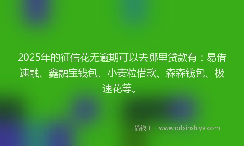 2025年的征信花无逾期可以去哪里贷款有：易借速融、鑫融宝钱包、小麦粒借款、森森钱包、极速花等。