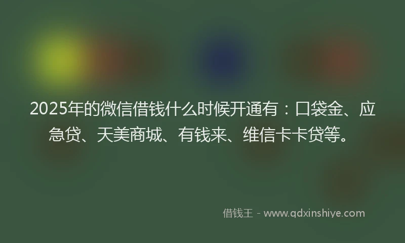 2025年的微信借钱什么时候开通有：口袋金、应急贷、天美商城、有钱来、维信卡卡贷等。