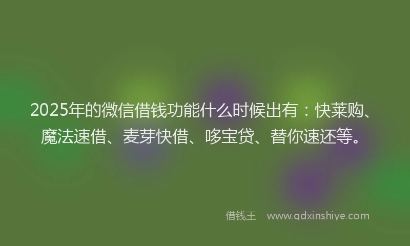 2025年的微信借钱功能什么时候出有：快莱购、魔法速借、麦芽快借、哆宝贷、替你速还等。