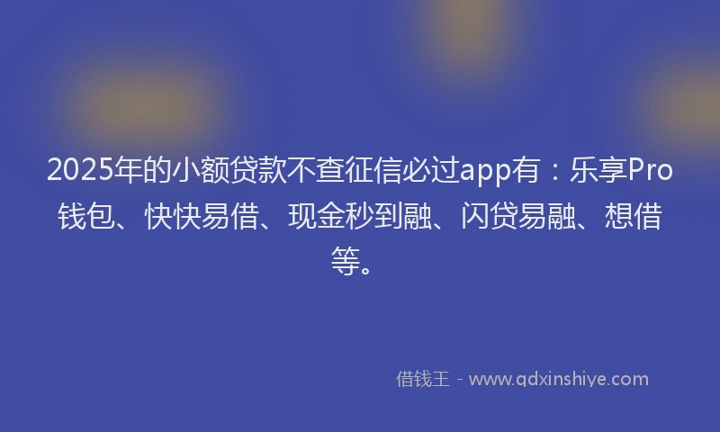 2025年的小额贷款不查征信必过app有：乐享Pro钱包、快快易借、现金秒到融、闪贷易融、想借等。