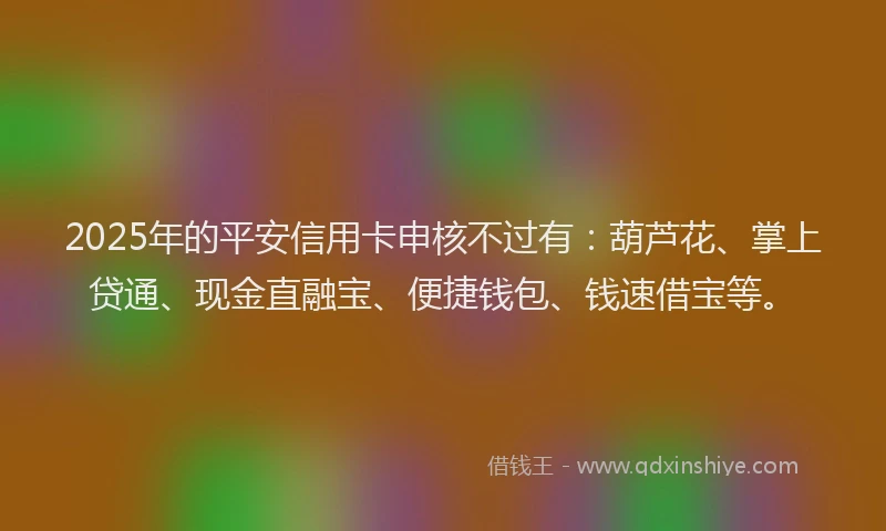 2025年的平安信用卡申核不过有:葫芦花、掌上贷通、现金直融宝、便捷钱包、钱速借宝等。