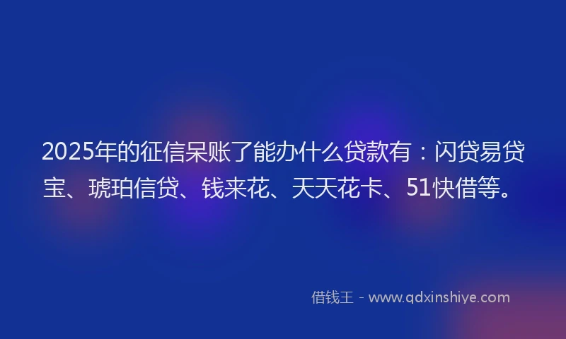2025年的征信呆账了能办什么贷款有：闪贷易贷宝、琥珀信贷、钱来花、天天花卡、51快借等。