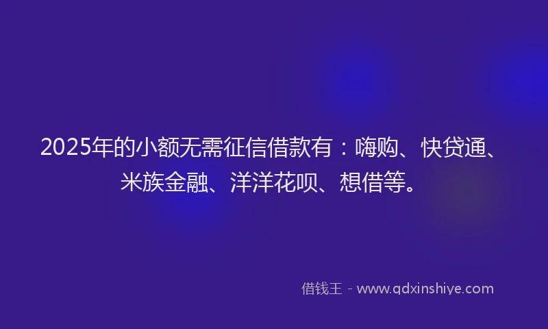 2025年的小额无需征信借款有：嗨购、快贷通、米族金融、洋洋花呗、想借等。