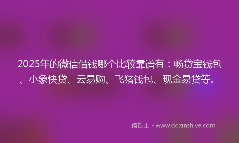 2025年的微信借钱哪个比较靠谱有：畅贷宝钱包、小象快贷、云易购、飞猪钱包、现金易贷等。