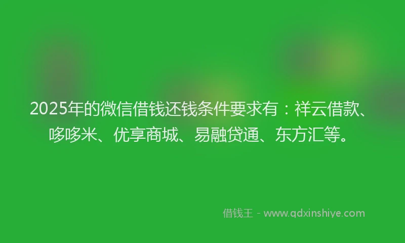 2025年的微信借钱还钱条件要求有：祥云借款、哆哆米、优享商城、易融贷通、东方汇等。