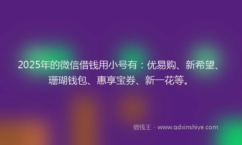 2025年的微信借钱用小号有：优易购、新希望、珊瑚钱包、惠享宝券、新一花等。