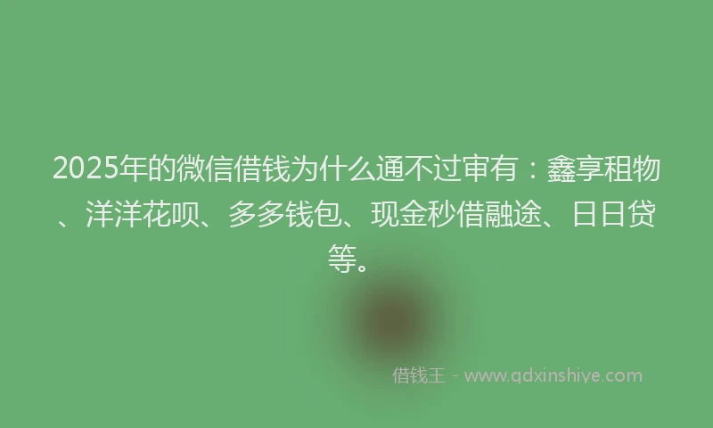 2025年的微信借钱为什么通不过审有：鑫享租物、洋洋花呗、多多钱包、现金秒借融途、日日贷等。