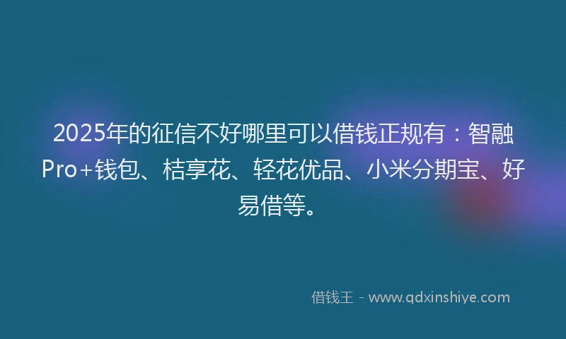 2025年的征信不好哪里可以借钱正规有：智融Pro+钱包、桔享花、轻花优品、小米分期宝、好易借等。
