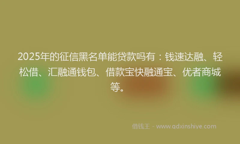 2025年的征信黑名单能贷款吗有：钱速达融、轻松借、汇融通钱包、借款宝快融通宝、优者商城等。