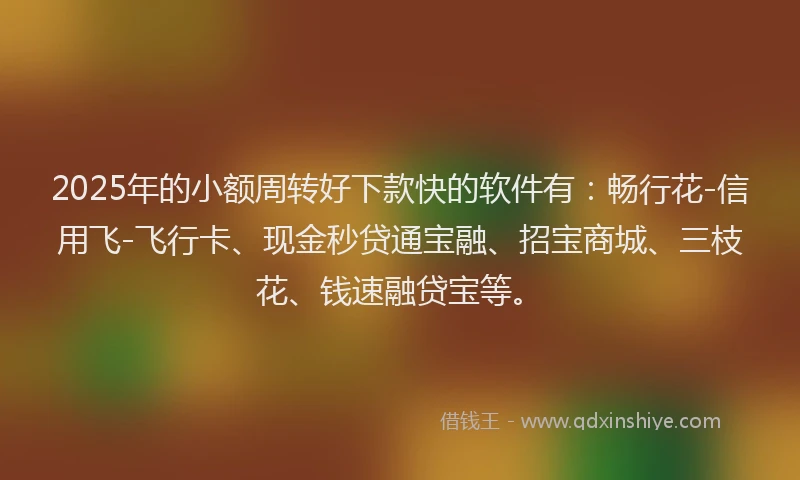2025年的小额周转好下款快的软件有：畅行花-信用飞-飞行卡、现金秒贷通宝融、招宝商城、三枝花、钱速融贷宝等。