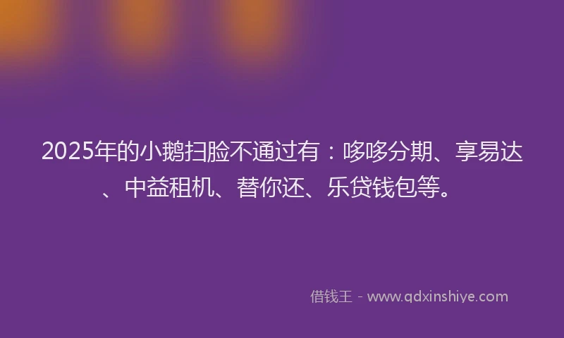 2025年的小鹅扫脸不通过有：哆哆分期、享易达、中益租机、替你还、乐贷钱包等。