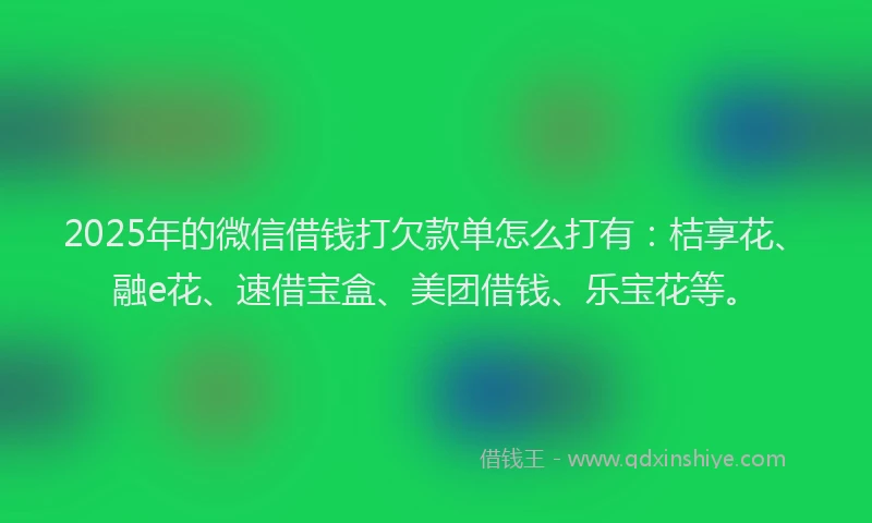 2025年的微信借钱打欠款单怎么打有：桔享花、融e花、速借宝盒、美团借钱、乐宝花等。