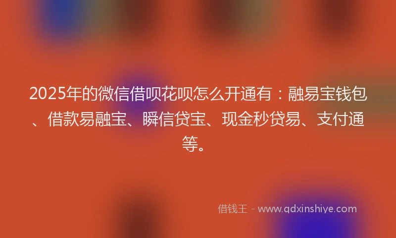 2025年的微信借呗花呗怎么开通有：融易宝钱包、借款易融宝、瞬信贷宝、现金秒贷易、支付通等。