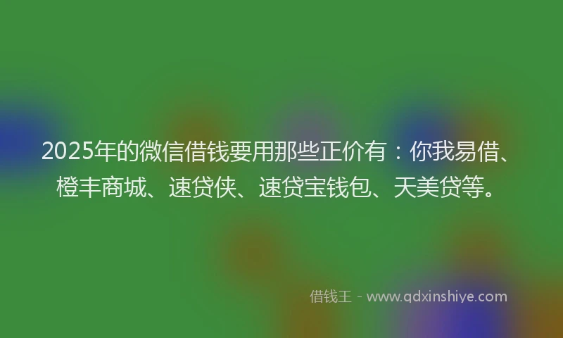 2025年的微信借钱要用那些正价有：你我易借、橙丰商城、速贷侠、速贷宝钱包、天美贷等。