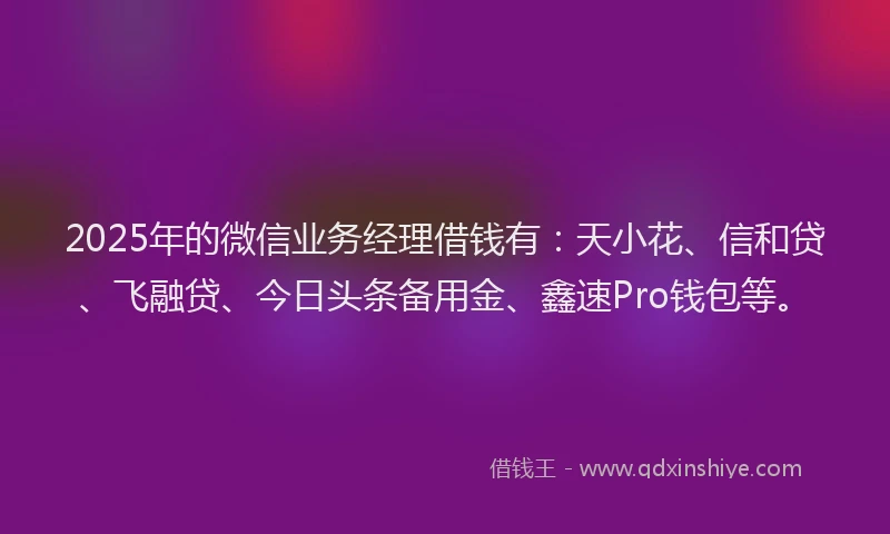 2025年的微信业务经理借钱有：天小花、信和贷、飞融贷、今日头条备用金、鑫速Pro钱包等。