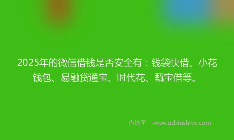 2025年的微信借钱是否安全有：钱袋快借、小花钱包、易融贷通宝、时代花、甄宝借等。