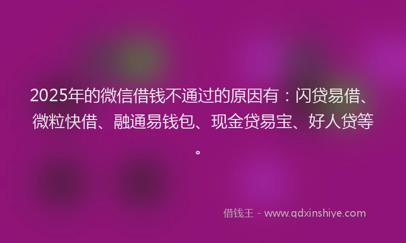 2025年的微信借钱不通过的原因有：闪贷易借、微粒快借、融通易钱包、现金贷易宝、好人贷等。