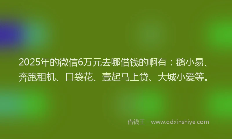 2025年的微信6万元去哪借钱的啊有：鹅小易、奔跑租机、口袋花、壹起马上贷、大城小爱等。