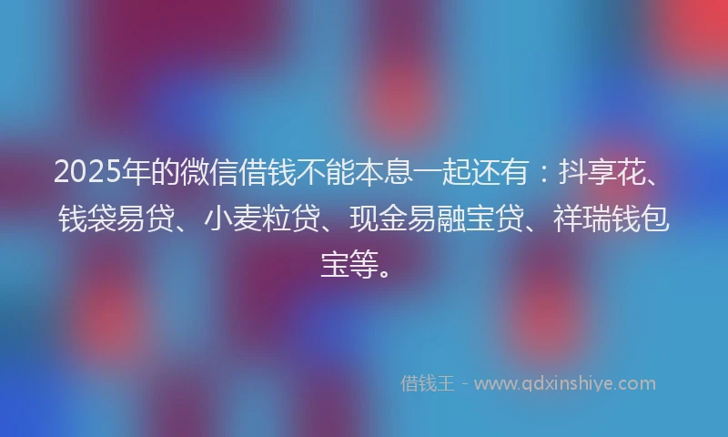 2025年的微信借钱不能本息一起还有：抖享花、钱袋易贷、小麦粒贷、现金易融宝贷、祥瑞钱包宝等。