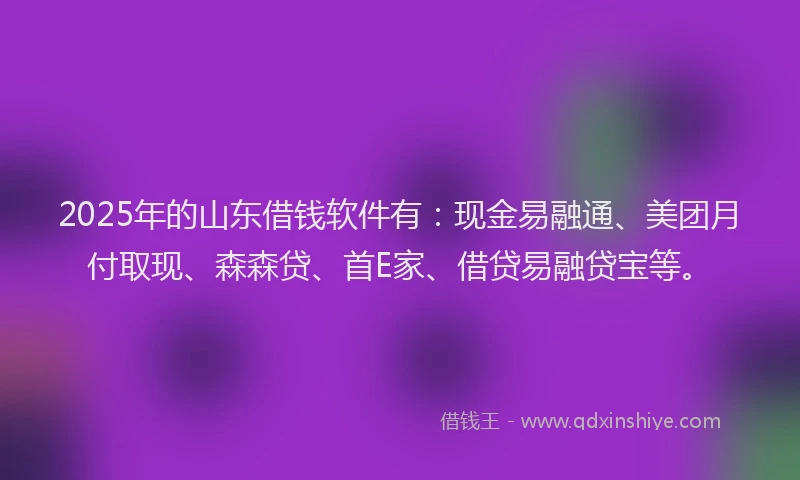 2025年的山东借钱软件有：现金易融通、美团月付取现、森森贷、首E家、借贷易融贷宝等。