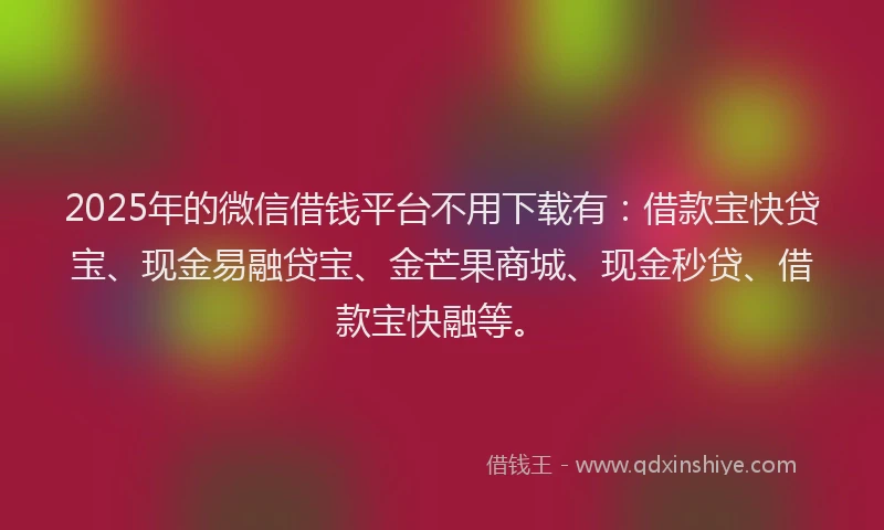 2025年的微信借钱平台不用下载有：借款宝快贷宝、现金易融贷宝、金芒果商城、现金秒贷、借款宝快融等。