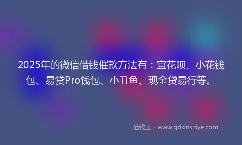 2025年的微信借钱催款方法有：宜花呗、小花钱包、易贷Pro钱包、小丑鱼、现金贷易行等。