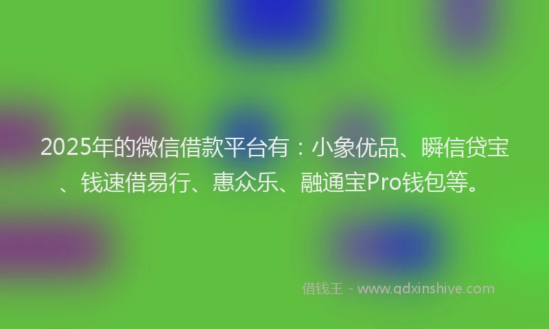2025年的微信借款平台有：小象优品、瞬信贷宝、钱速借易行、惠众乐、融通宝Pro钱包等。