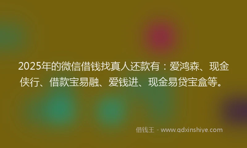 2025年的微信借钱找真人还款有：爱鸿森、现金侠行、借款宝易融、爱钱进、现金易贷宝盒等。