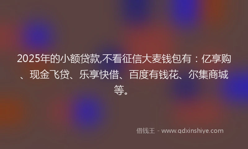 2025年的小额贷款,不看征信大麦钱包有：亿享购、现金飞贷、乐享快借、百度有钱花、尔集商城等。