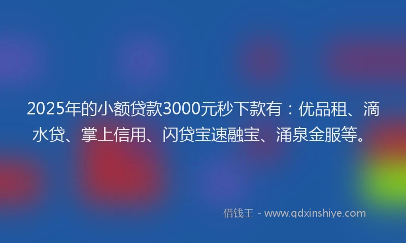 2025年的小额贷款3000元秒下款有：优品租、滴水贷、掌上信用、闪贷宝速融宝、涌泉金服等。