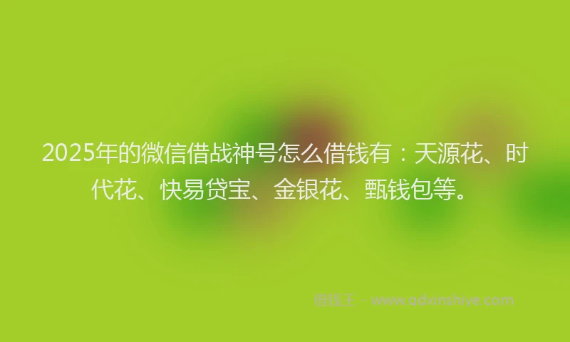 2025年的微信借战神号怎么借钱有：天源花、时代花、快易贷宝、金银花、甄钱包等。