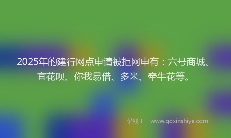 2025年的建行网点申请被拒网申有：六号商城、宜花呗、你我易借、多米、牵牛花等。