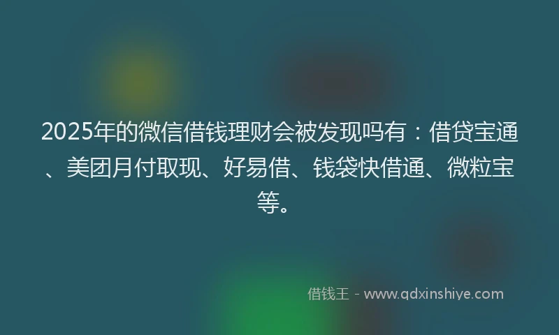 2025年的微信借钱理财会被发现吗有：借贷宝通、美团月付取现、好易借、钱袋快借通、微粒宝等。