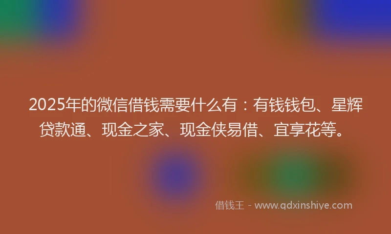 2025年的微信借钱需要什么有：有钱钱包、星辉贷款通、现金之家、现金侠易借、宜享花等。