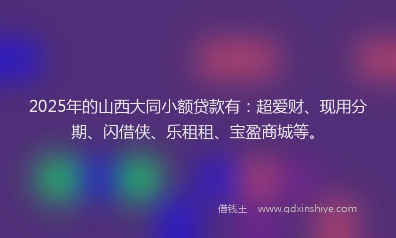 2025年的山西大同小额贷款有：超爱财、现用分期、闪借侠、乐租租、宝盈商城等。