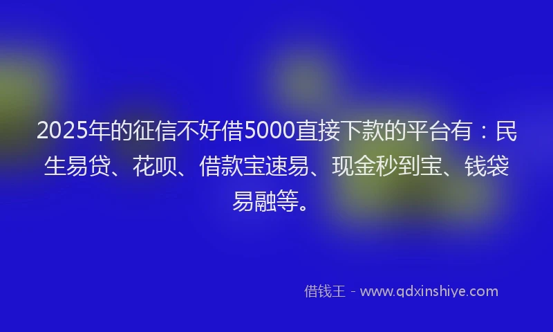 2025年的征信不好借5000直接下款的平台有：民生易贷、花呗、借款宝速易、现金秒到宝、钱袋易融等。